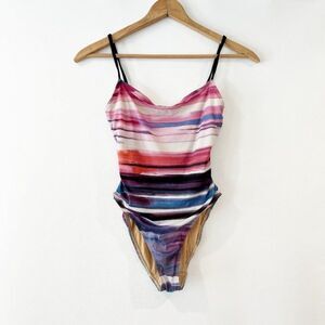 Nicole Olivier One Piece Swimsuit Size 10 Striped Pink Summer Beach Pool